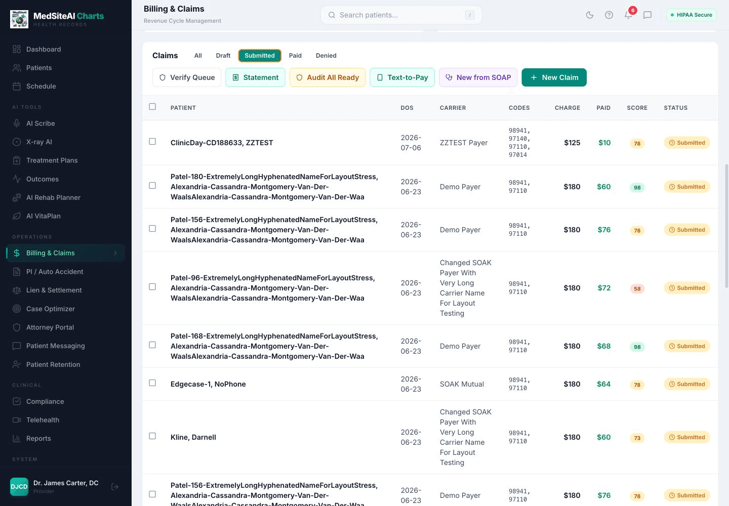 MedSite Charts submitted claims grid with synthetic patients, payers, amounts, and statuses