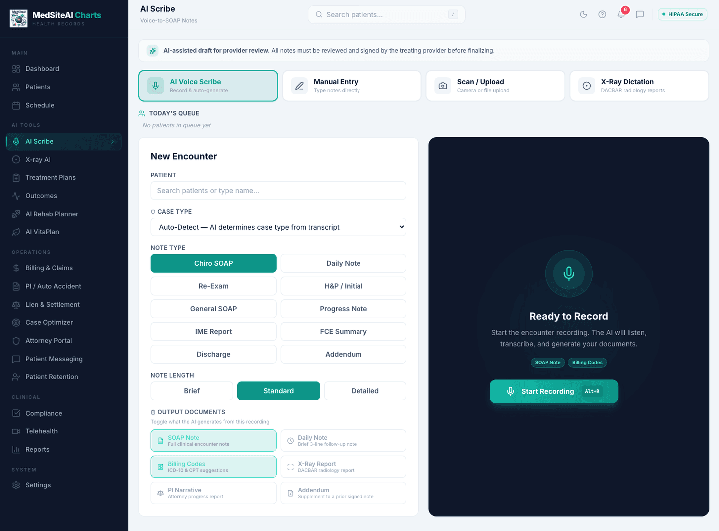 MedSite Charts AI scribe SOAP workspace with structured note and coding fields